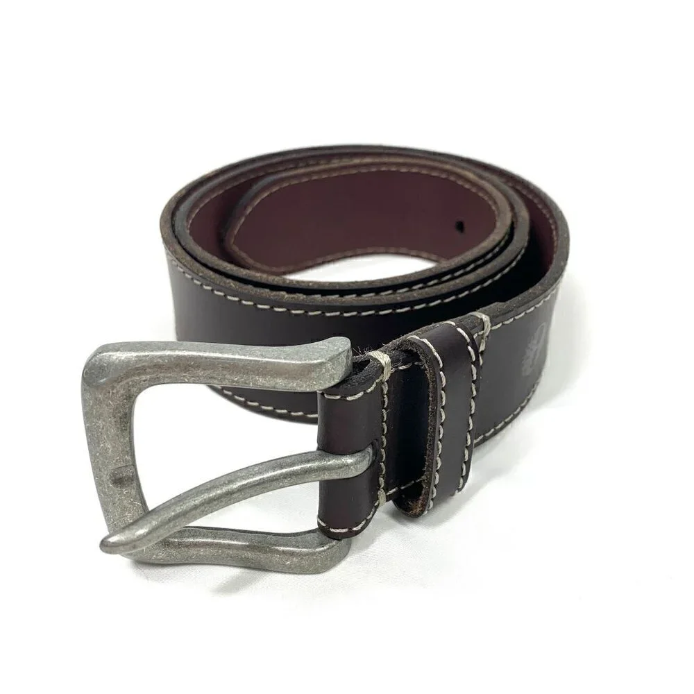 Timberland Men's Leather Belt Brown Topstitching Silver Hardware Size 32